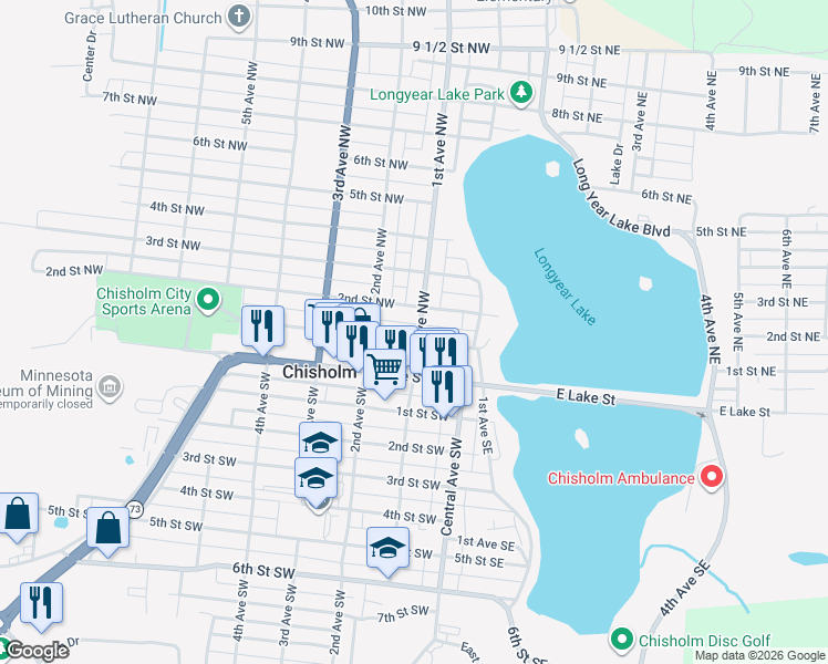 map of restaurants, bars, coffee shops, grocery stores, and more near 100 1st Street Northeast in Chisholm
