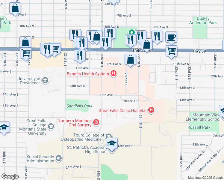 map of restaurants, bars, coffee shops, grocery stores, and more near 2621 15th Avenue South in Great Falls