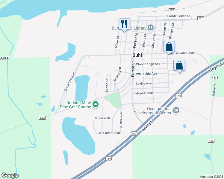 map of restaurants, bars, coffee shops, grocery stores, and more near 15 Park Street in Mountain Iron