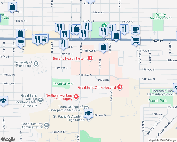 map of restaurants, bars, coffee shops, grocery stores, and more near 2621 15th Avenue South in Great Falls
