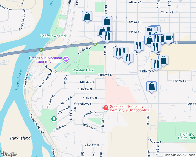map of restaurants, bars, coffee shops, grocery stores, and more near 326 14th Avenue South in Great Falls
