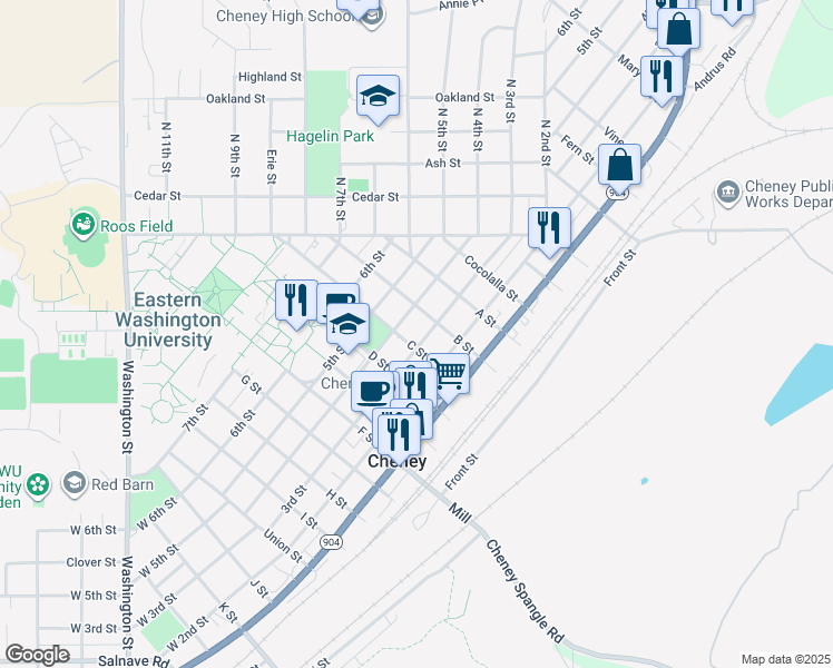 map of restaurants, bars, coffee shops, grocery stores, and more near 624 2nd Street in Cheney