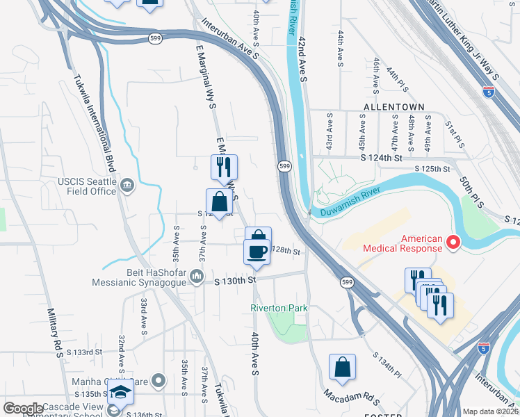 map of restaurants, bars, coffee shops, grocery stores, and more near 4015 South 126th Street in Tukwila
