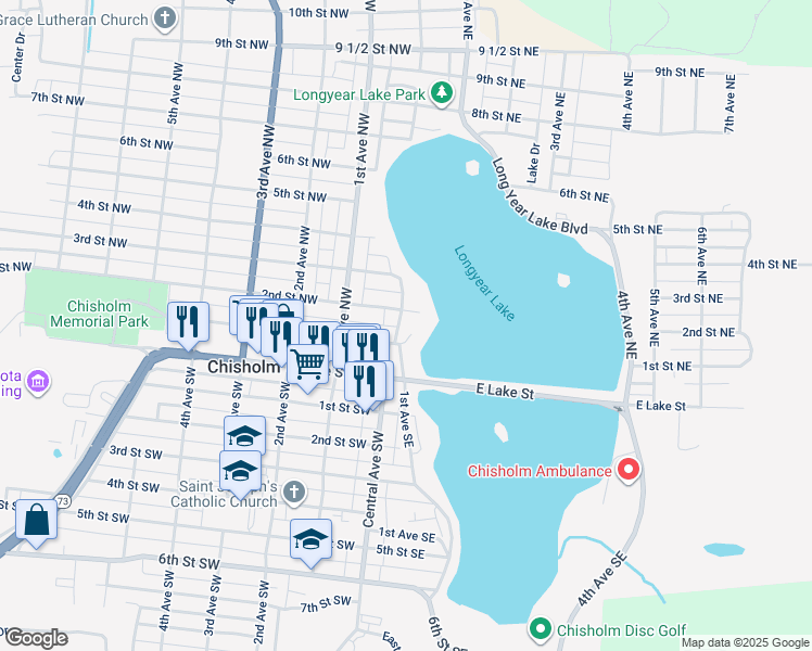 map of restaurants, bars, coffee shops, grocery stores, and more near 10 1st Street Northeast in Chisholm
