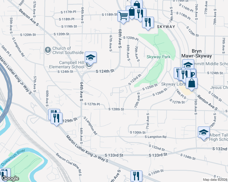 map of restaurants, bars, coffee shops, grocery stores, and more near 12601 68th Avenue South in Seattle