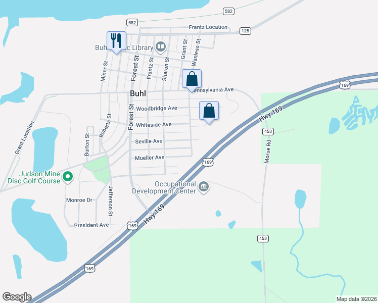 map of restaurants, bars, coffee shops, grocery stores, and more near 537 Wanless Street in Mountain Iron