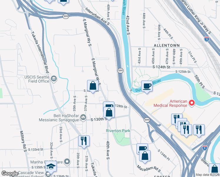 map of restaurants, bars, coffee shops, grocery stores, and more near 4015 South 126th Street in Tukwila