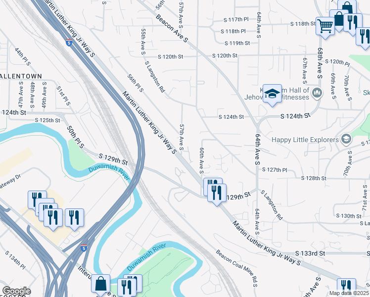 map of restaurants, bars, coffee shops, grocery stores, and more near 12600 57th Avenue South in Seattle