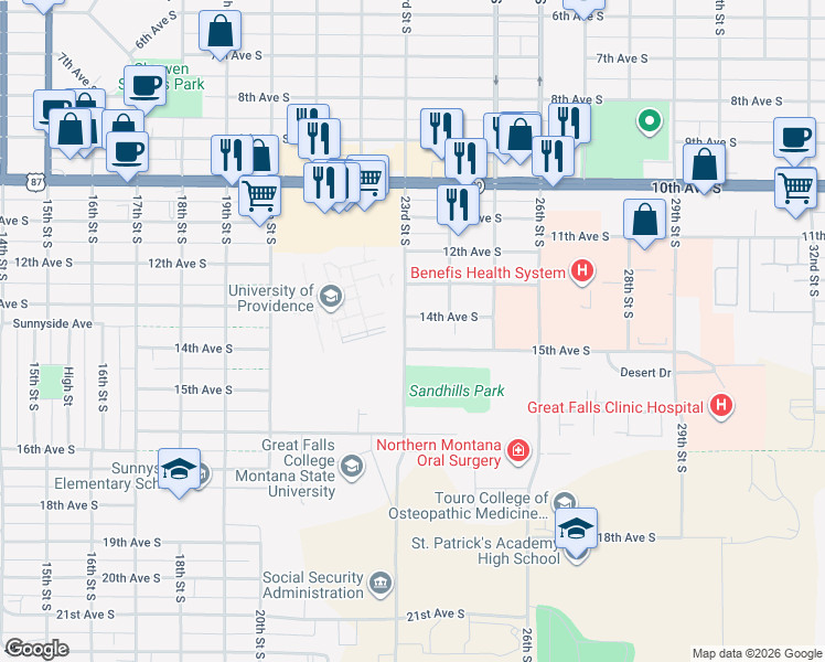 map of restaurants, bars, coffee shops, grocery stores, and more near 2319 15th Avenue South in Great Falls