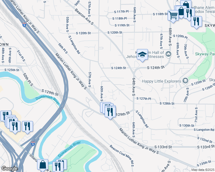 map of restaurants, bars, coffee shops, grocery stores, and more near 12624 60th Avenue South in Seattle