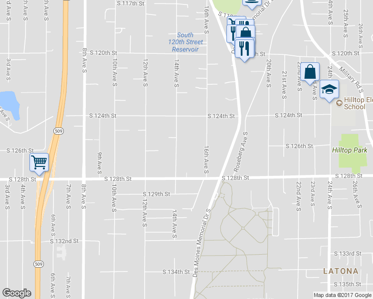 map of restaurants, bars, coffee shops, grocery stores, and more near 12460 14th Avenue South in Seattle