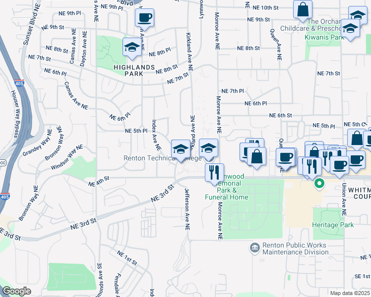 map of restaurants, bars, coffee shops, grocery stores, and more near 479 Kirkland Avenue Northeast in Renton
