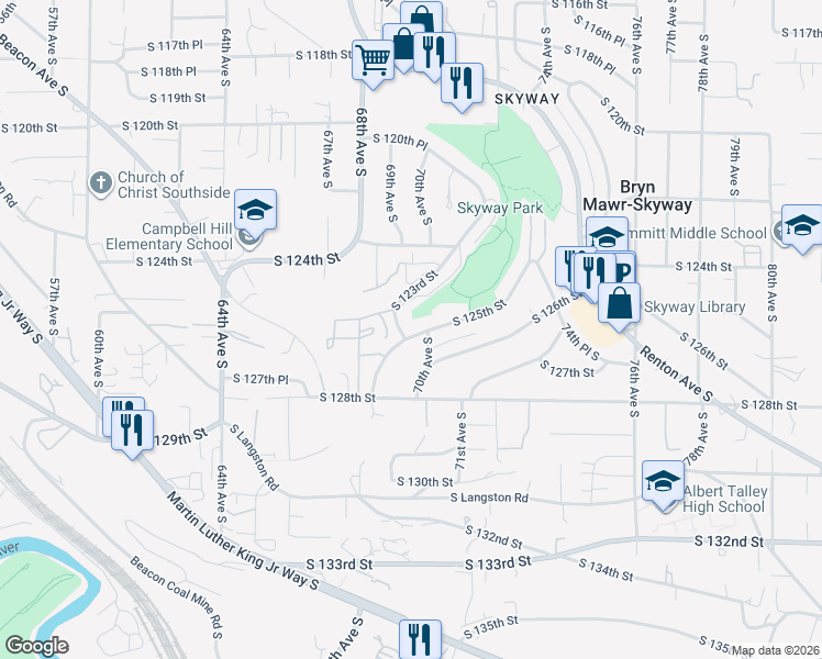 map of restaurants, bars, coffee shops, grocery stores, and more near 6901 South 123rd Street in Seattle