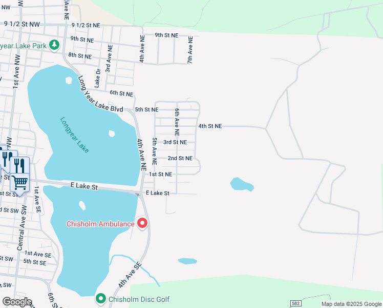 map of restaurants, bars, coffee shops, grocery stores, and more near 609 2nd Street Northeast in Chisholm
