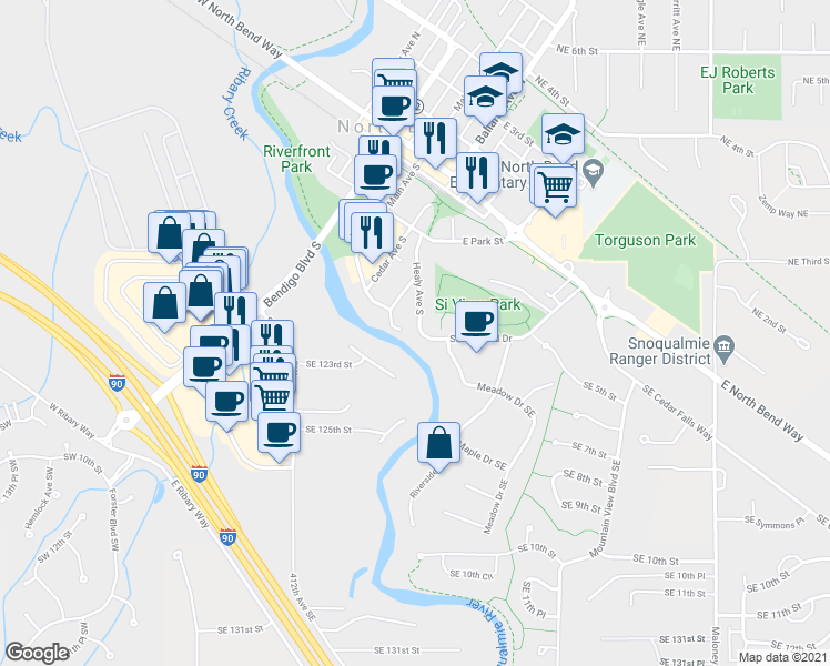 map of restaurants, bars, coffee shops, grocery stores, and more near 443 Healy Avenue South in North Bend