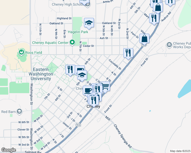 map of restaurants, bars, coffee shops, grocery stores, and more near 615 4th Street in Cheney