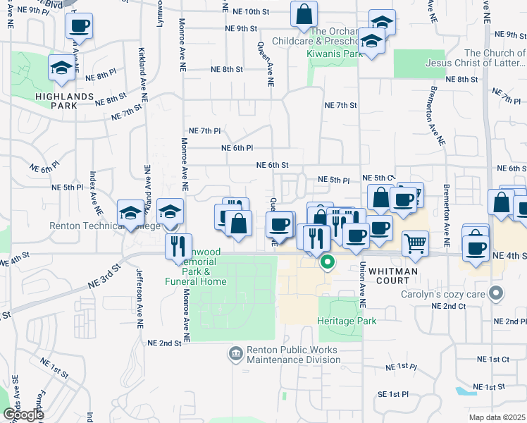 map of restaurants, bars, coffee shops, grocery stores, and more near 465 Queen Avenue Northeast in Renton