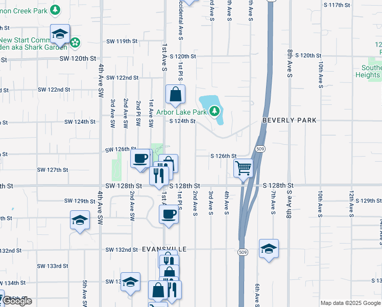 map of restaurants, bars, coffee shops, grocery stores, and more near 12604 2nd Avenue Southwest in Seattle