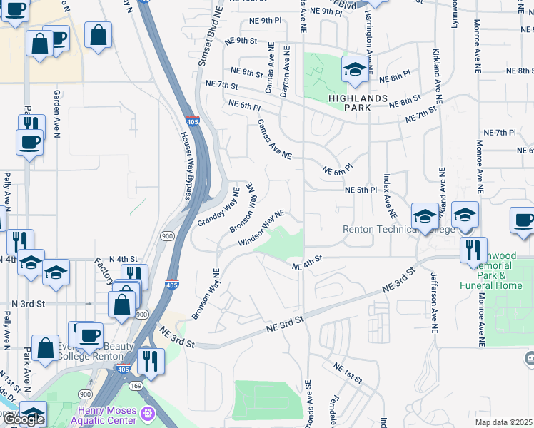 map of restaurants, bars, coffee shops, grocery stores, and more near 468 Bronson Way Northeast in Renton