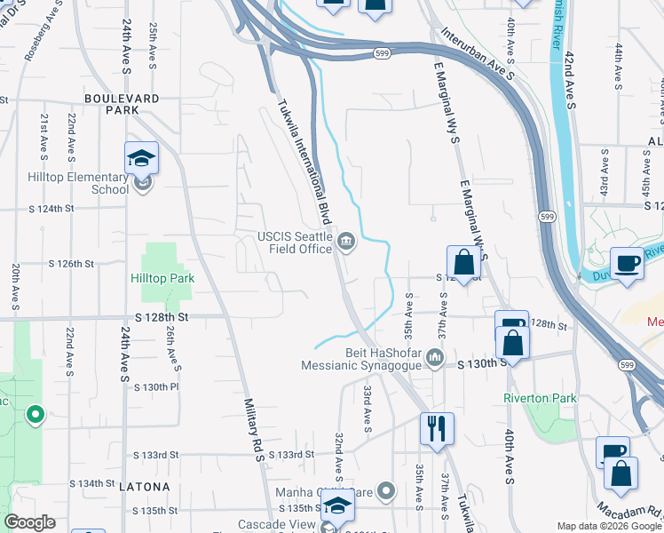 map of restaurants, bars, coffee shops, grocery stores, and more near 12471 Tukwila International Boulevard in Tukwila