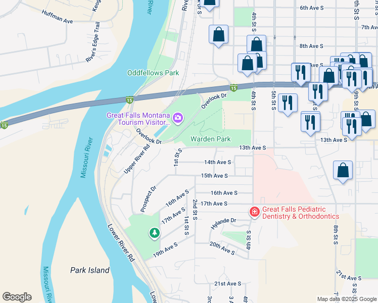 map of restaurants, bars, coffee shops, grocery stores, and more near 117 14th Ave S in Great Falls
