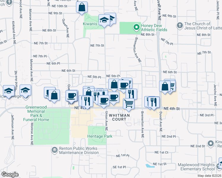 map of restaurants, bars, coffee shops, grocery stores, and more near 4410 Northeast 4th Street in Renton