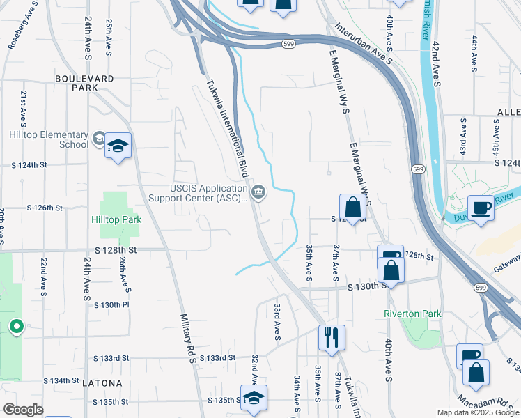 map of restaurants, bars, coffee shops, grocery stores, and more near 12471 Tukwila International Boulevard in Tukwila