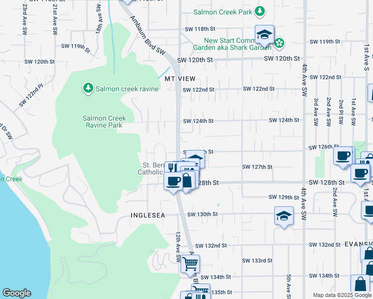 map of restaurants, bars, coffee shops, grocery stores, and more near 1121 Southwest 126th Street in Seattle