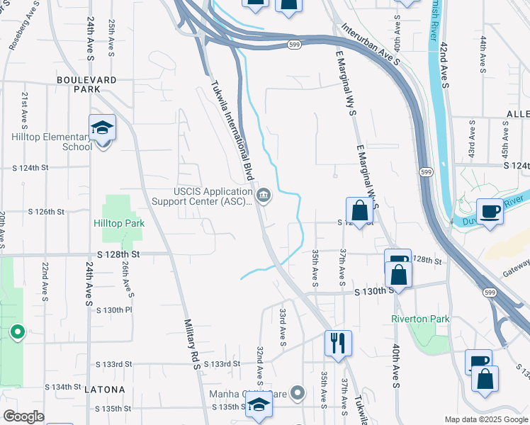 map of restaurants, bars, coffee shops, grocery stores, and more near 12500 Tukwila International Boulevard in Tukwila