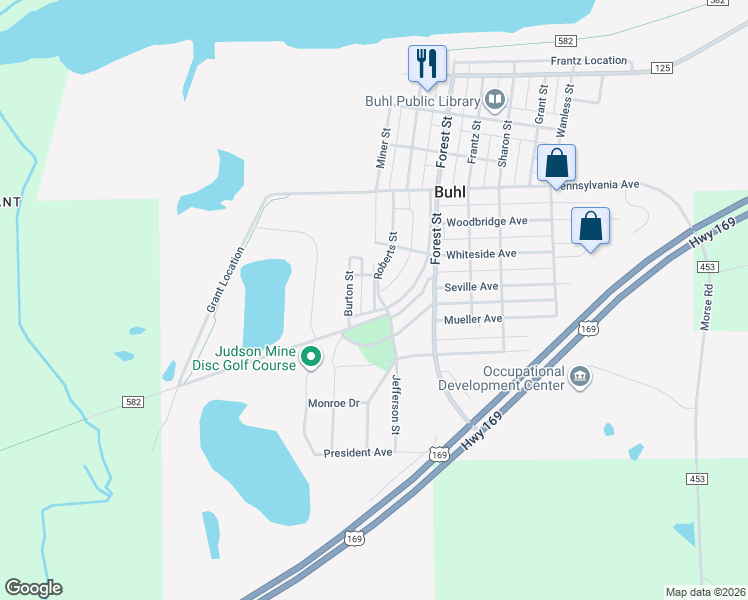 map of restaurants, bars, coffee shops, grocery stores, and more near 15 Park Street in Mountain Iron