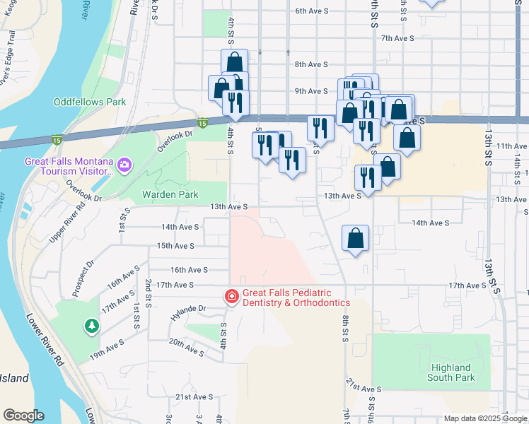 map of restaurants, bars, coffee shops, grocery stores, and more near 500 13th Avenue South in Great Falls