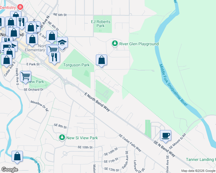 map of restaurants, bars, coffee shops, grocery stores, and more near 795 NE 2nd Street in North Bend