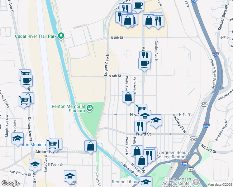 map of restaurants, bars, coffee shops, grocery stores, and more near 710 North 5th Street in Renton