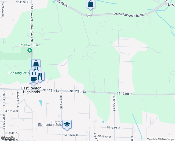 map of restaurants, bars, coffee shops, grocery stores, and more near 17130 Southeast 128th Street in Renton