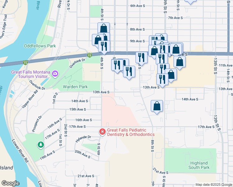 map of restaurants, bars, coffee shops, grocery stores, and more near 500 13th Avenue South in Great Falls