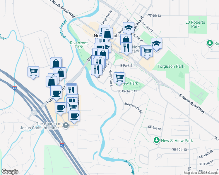 map of restaurants, bars, coffee shops, grocery stores, and more near 443 Healy Avenue South in North Bend