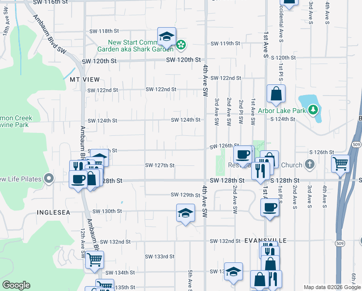 map of restaurants, bars, coffee shops, grocery stores, and more near 455 Southwest 126th Street in Seattle