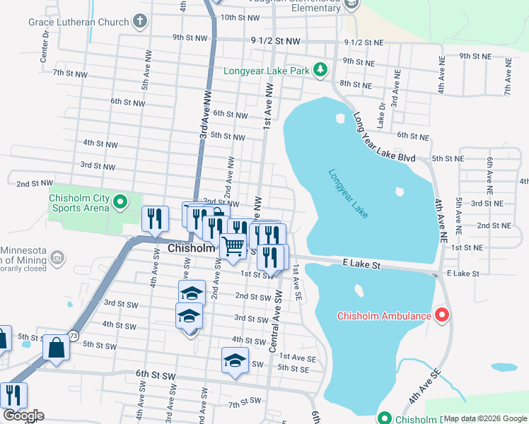 map of restaurants, bars, coffee shops, grocery stores, and more near 100 1st Street Northeast in Chisholm
