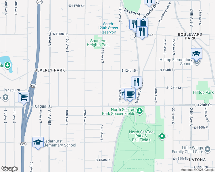map of restaurants, bars, coffee shops, grocery stores, and more near 12460 14th Avenue South in Seattle