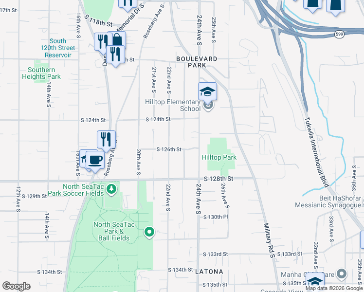 map of restaurants, bars, coffee shops, grocery stores, and more near 2226 South 126th Street in Seattle