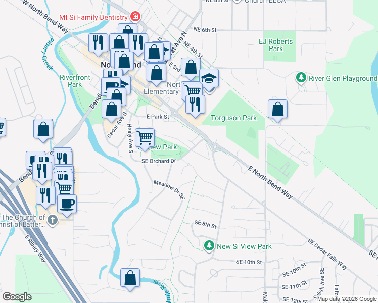 map of restaurants, bars, coffee shops, grocery stores, and more near 276 Southeast Orchard Drive in North Bend