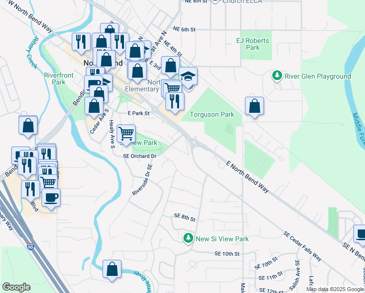 map of restaurants, bars, coffee shops, grocery stores, and more near 460 Southeast 5th Street in North Bend