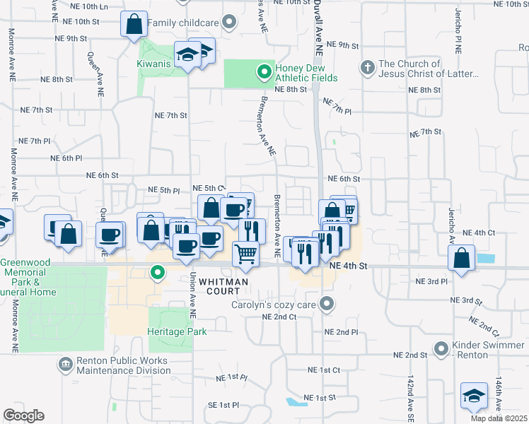 map of restaurants, bars, coffee shops, grocery stores, and more near 4415 Northeast 5th Street in Renton