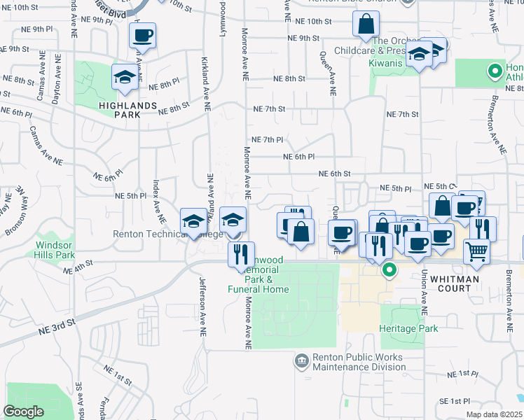 map of restaurants, bars, coffee shops, grocery stores, and more near 458 Monroe Avenue Northeast in Renton