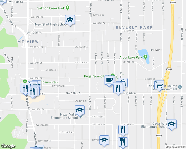 map of restaurants, bars, coffee shops, grocery stores, and more near 12608 4th Avenue Southwest in Seattle