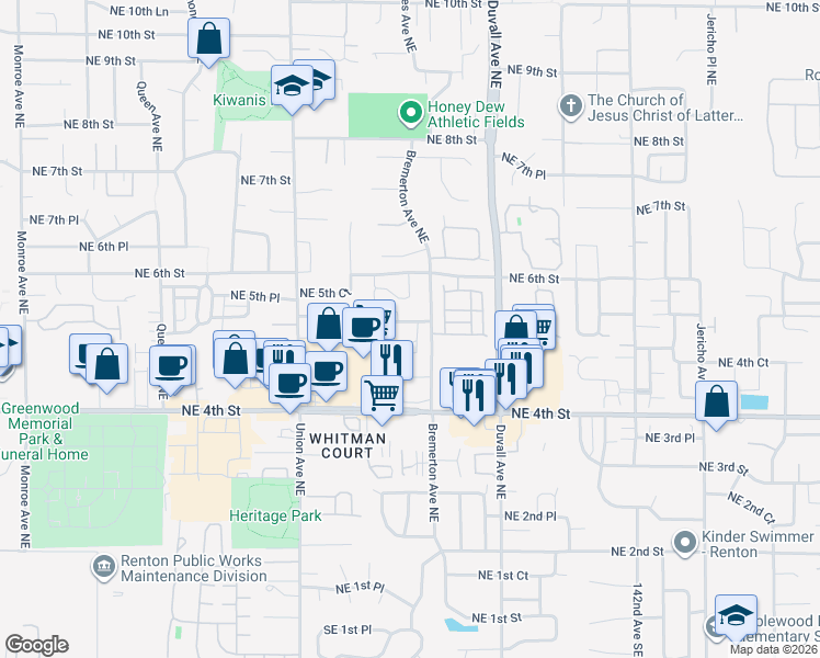 map of restaurants, bars, coffee shops, grocery stores, and more near 4415 Northeast 5th Street in Renton