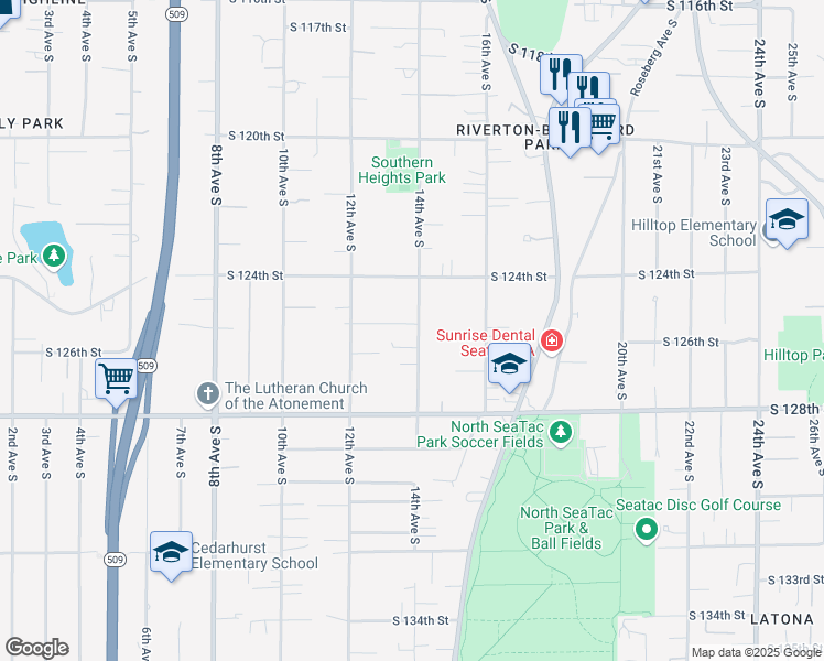 map of restaurants, bars, coffee shops, grocery stores, and more near 12449 14th Avenue South in Seattle