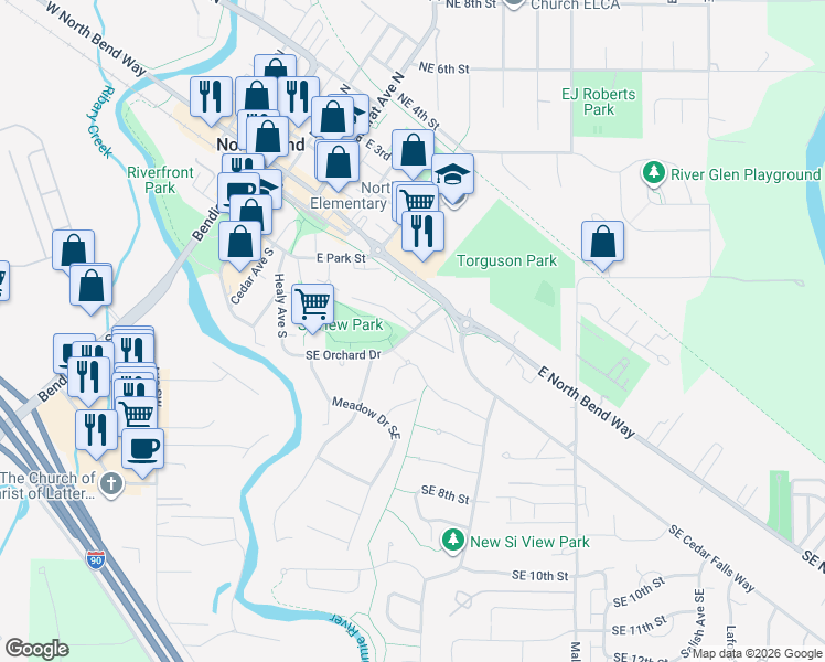 map of restaurants, bars, coffee shops, grocery stores, and more near 250 Southeast Orchard Drive in North Bend