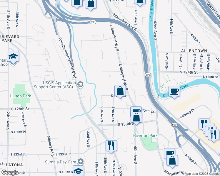 map of restaurants, bars, coffee shops, grocery stores, and more near 12501 East Marginal Way South in Tukwila