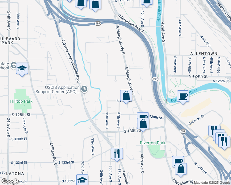 map of restaurants, bars, coffee shops, grocery stores, and more near 12501 East Marginal Way South in Tukwila